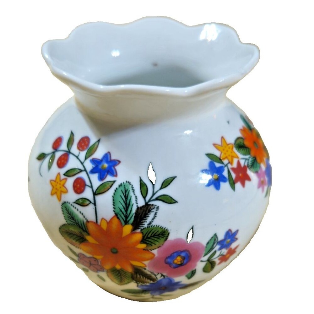 Small White Porcelain Vase w/Multicolored Flowers 3.5" Tall Wedding Tea Party